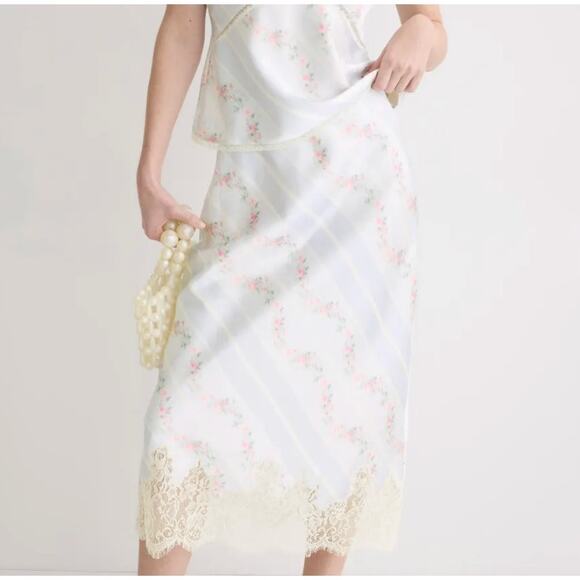 LoveShackFancy Blue Midi Slip Skirt LARGE Satin Floral Coquette Designer $400 - Picture 1 of 12